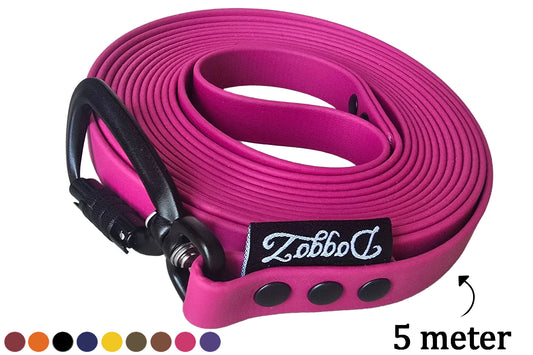 Pink magenta biothane long line 5 meter dog leash with black autolocking carabiner by DoggoZ and a row of customizable color swatches.
