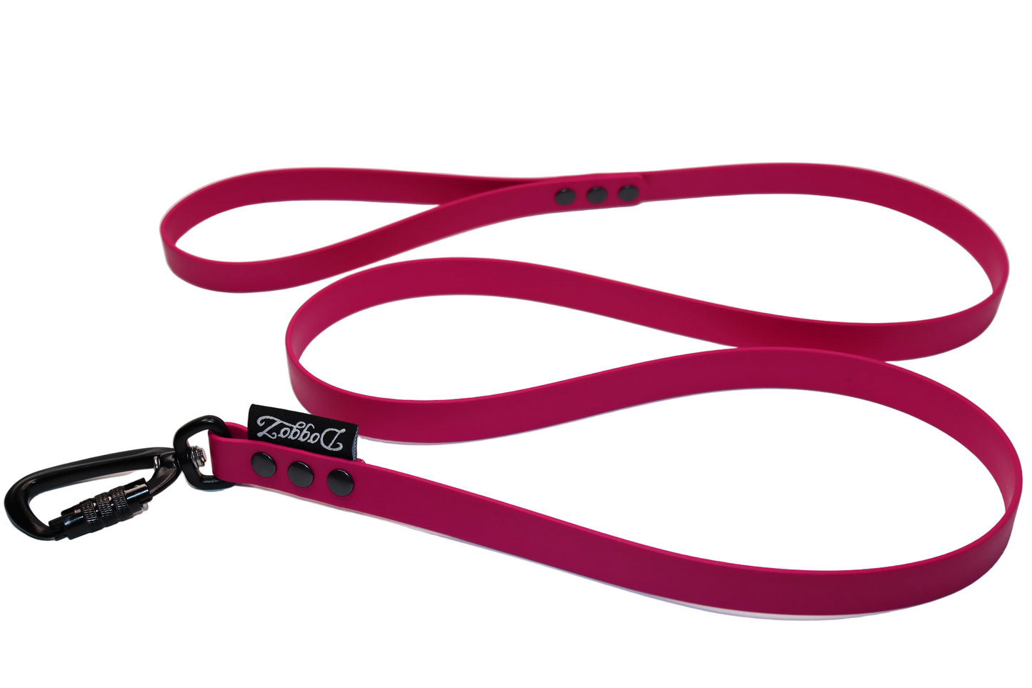DoggoZ SAFE BioThane Dog Leash shown in a multi-color wrap, featuring a secure black carabiner and a black brand logo. Available in custom lengths from 1.5m to 10m.
