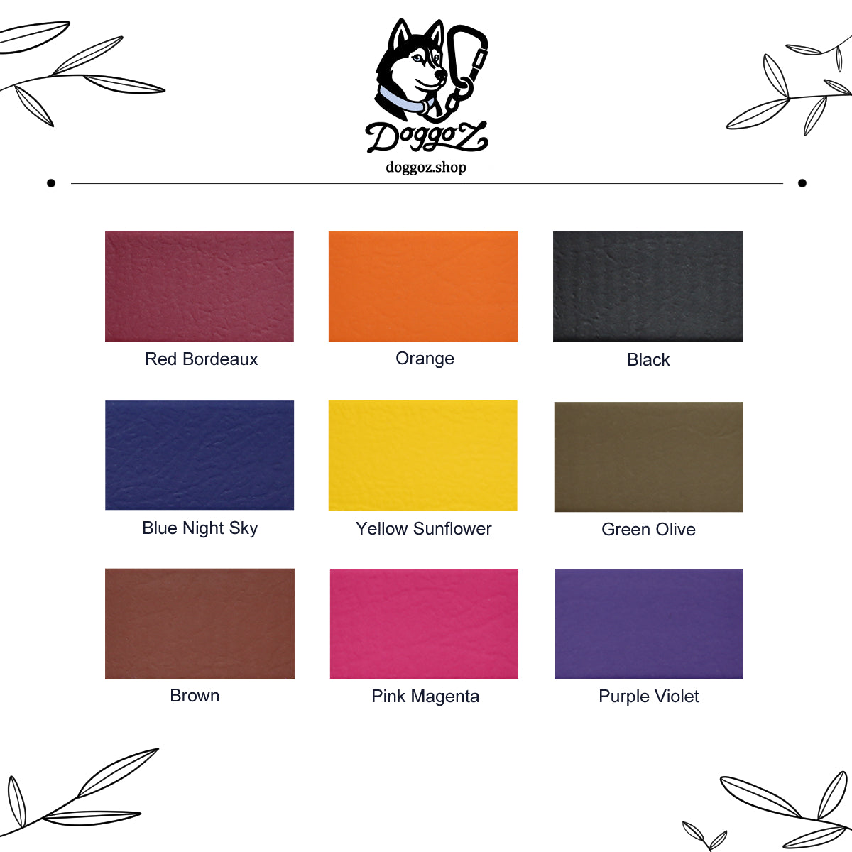 Color palette of the dog leash and accessory brand DoggoZ, showing the colors: red bordeaux, orange, black, blue night sky, yellow sunflower, green olive, brown, pink magenta, purple violet.