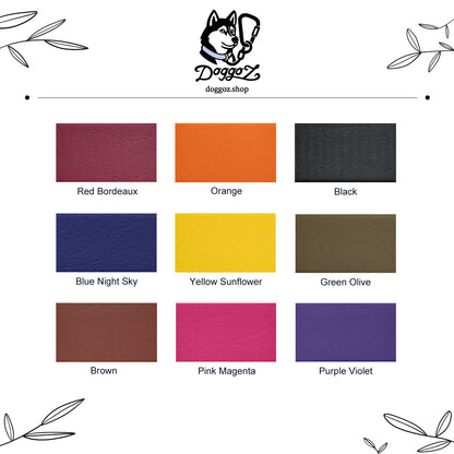 Color palette of the dog leash and accessory brand DoggoZ, showing the colors: red bordeaux, orange, black, blue night sky, yellow sunflower, green olive, brown, pink magenta, purple violet.