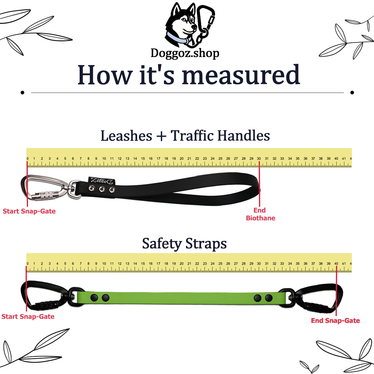 A measurement guide from DoggoZ.shop showing two BioThane products against a centimeter ruler. The top image shows a black Traffic Handle measured from the "Start Snap-Gate" to the "End BioThane." The bottom image shows a green Safety Strap measured from the "Start Snap-Gate" to the "End Snap-Gate," illustrating exactly how the lengths are determined.