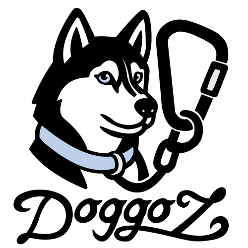 The DoggoZ brand logo of a black and white Husky with a light blue collar and a black carabiner, set against a transparent background and no white filler