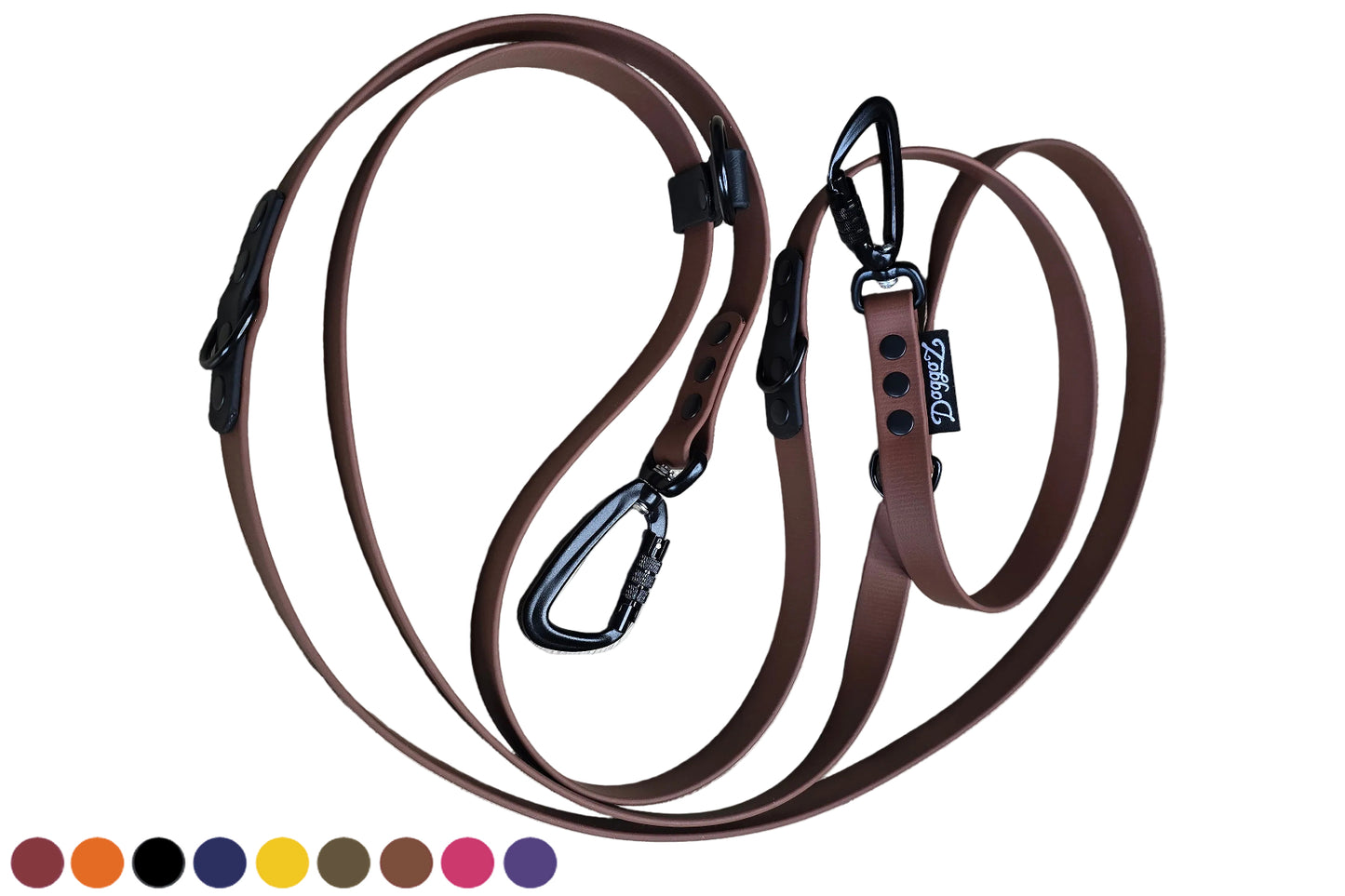 A brown BioThane hands-free adjustable dog leash (3m) arranged in a loop on a white background. Features dual premium black auto-lock carabiners, tactical D-rings, black rivets, and a black DoggoZ brand tag and a row of customizable color swatches.