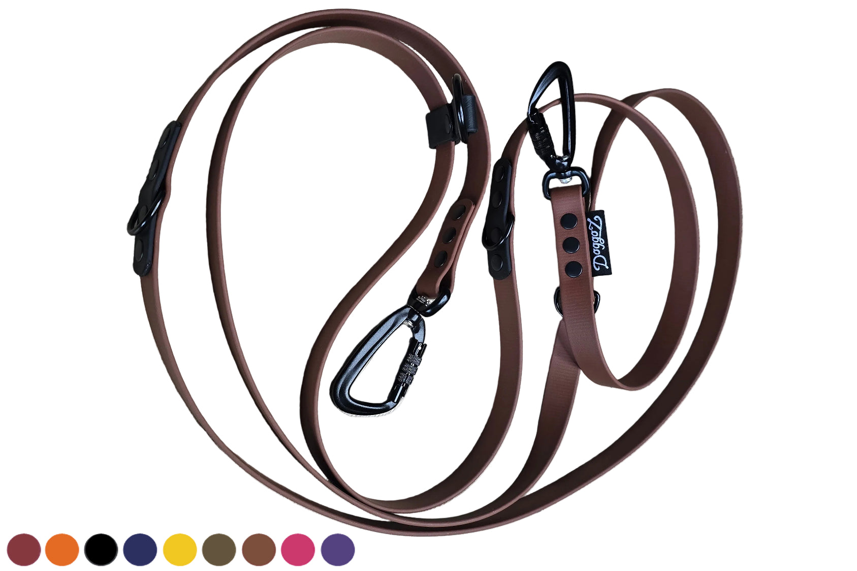 A brown BioThane hands-free adjustable dog leash (3m) arranged in a loop on a white background. Features dual premium black auto-lock carabiners, tactical D-rings, black rivets, and a black DoggoZ brand tag and a row of customizable color swatches.