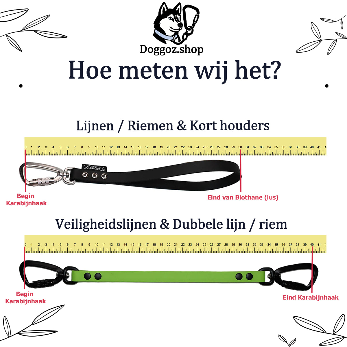 Meetinstructie voor DoggoZ BioThane hondenriemen: uitleg over hoe de lengte wordt gemeten van karabijnhaken tot het einde van de lus.