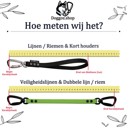 Meetinstructie voor DoggoZ BioThane hondenriemen: uitleg over hoe de lengte wordt gemeten van karabijnhaken tot het einde van de lus.