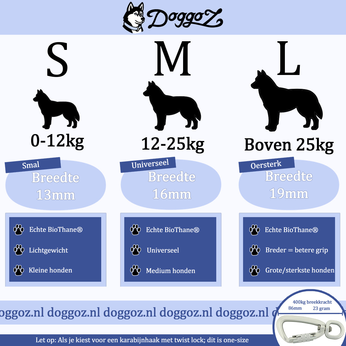 DoggoZ maattabel voor BioThane hondenriemen: Maat S (0-12kg, 13mm breed), Maat M (12-25kg, 16mm breed) en Maat L (boven 25kg, 19mm breed) met details over twist-lock karabijnhaak.