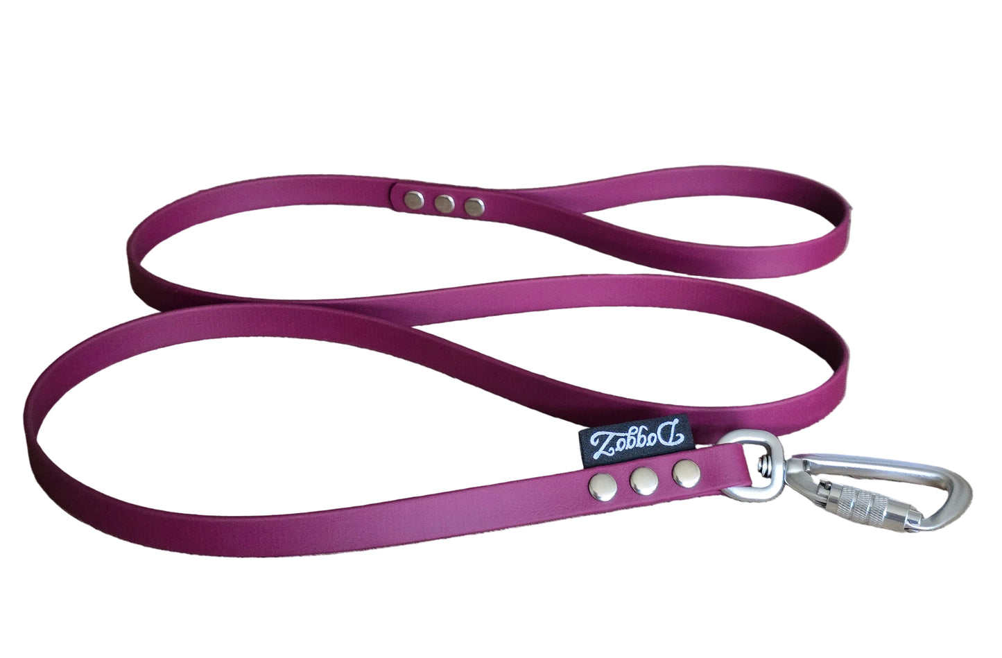 ​Customizable Red Bordeaux BioThane dog leash by DoggoZ, featuring a premium silver auto-locking carabiner and heavy-duty silver rivets with the brand tag.