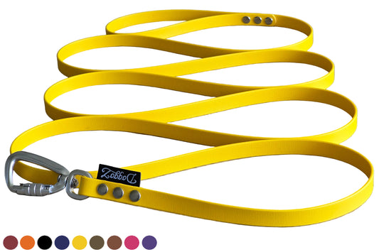 Gele BioThane hondenlijn en hondenriem 16mm in Yellow Sunflower met zilveren twist-lock karabijnhaak.