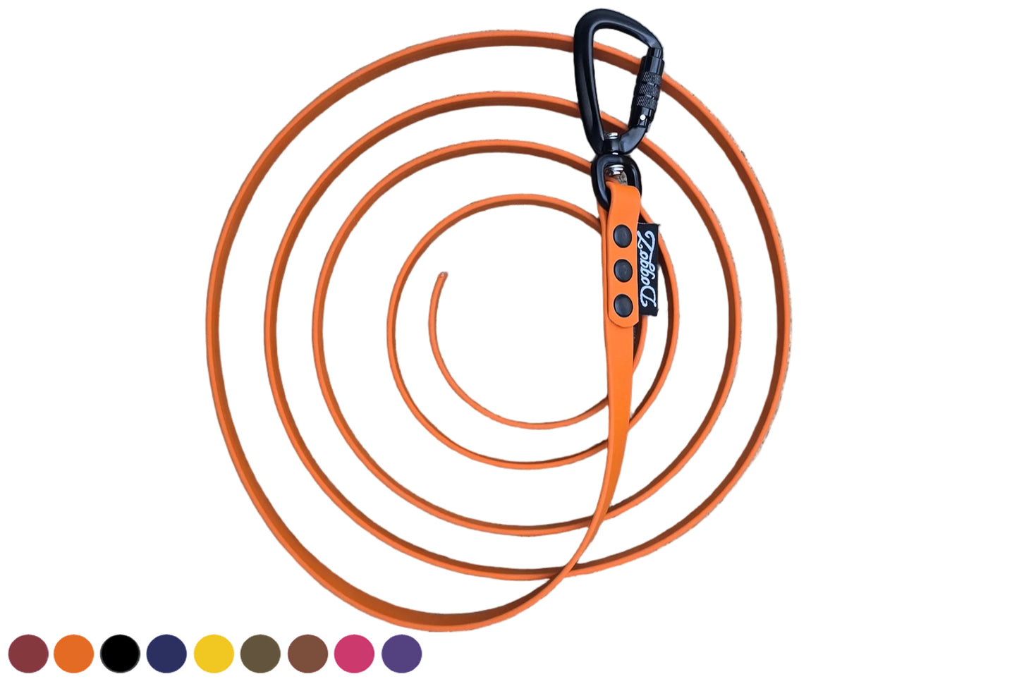 An orange waterproof dog drag line without a handle, coiled in a circle against a white background, featuring a black carabiner and a DoggoZ brand tag. Small colored circles at the bottom indicate other available color options.