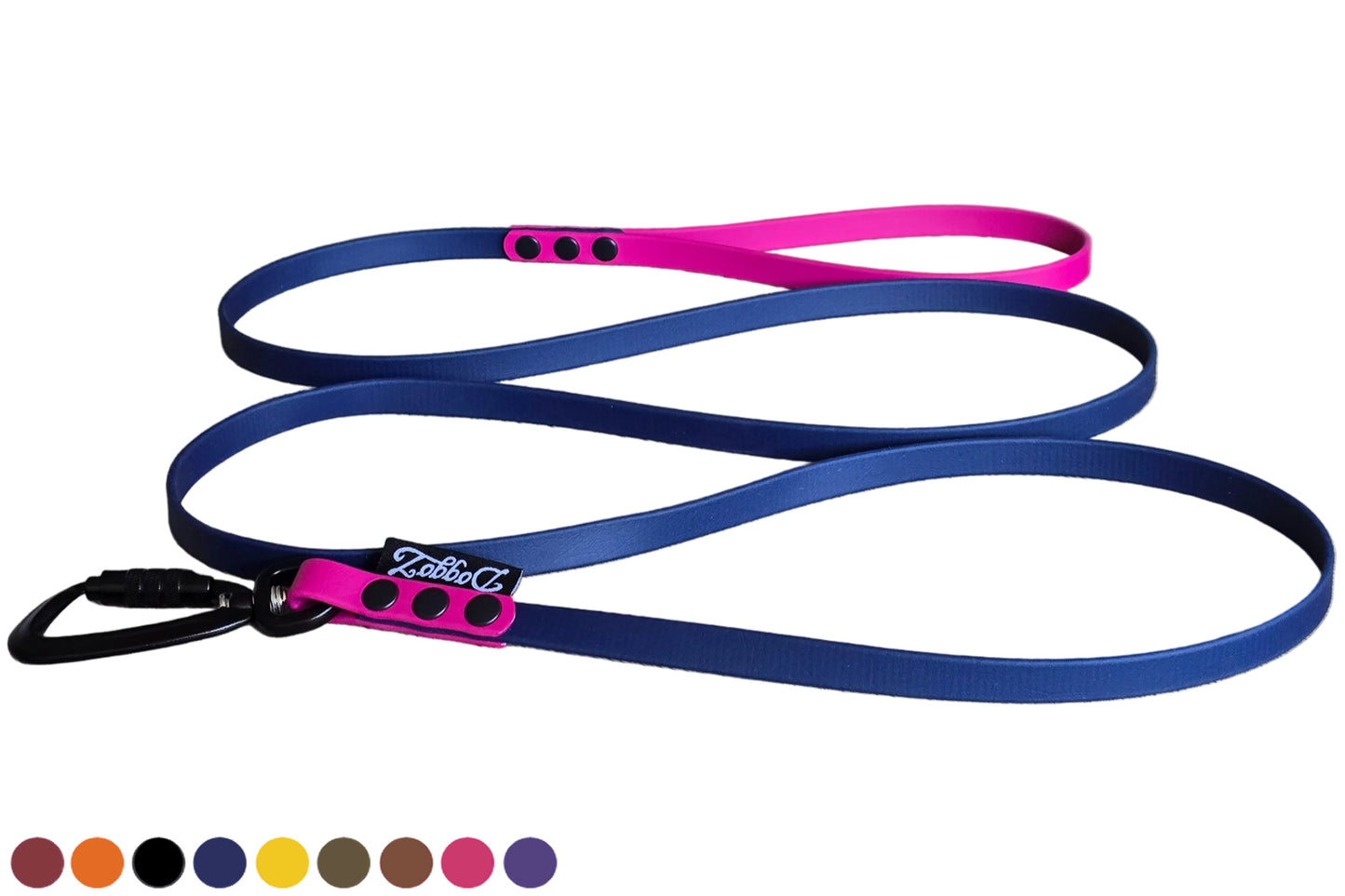 Tweekleurige BioThane hondenlijn en hondenriem in Night Sky donkerblauw en roze magenta met zwarte karabijnhaak.