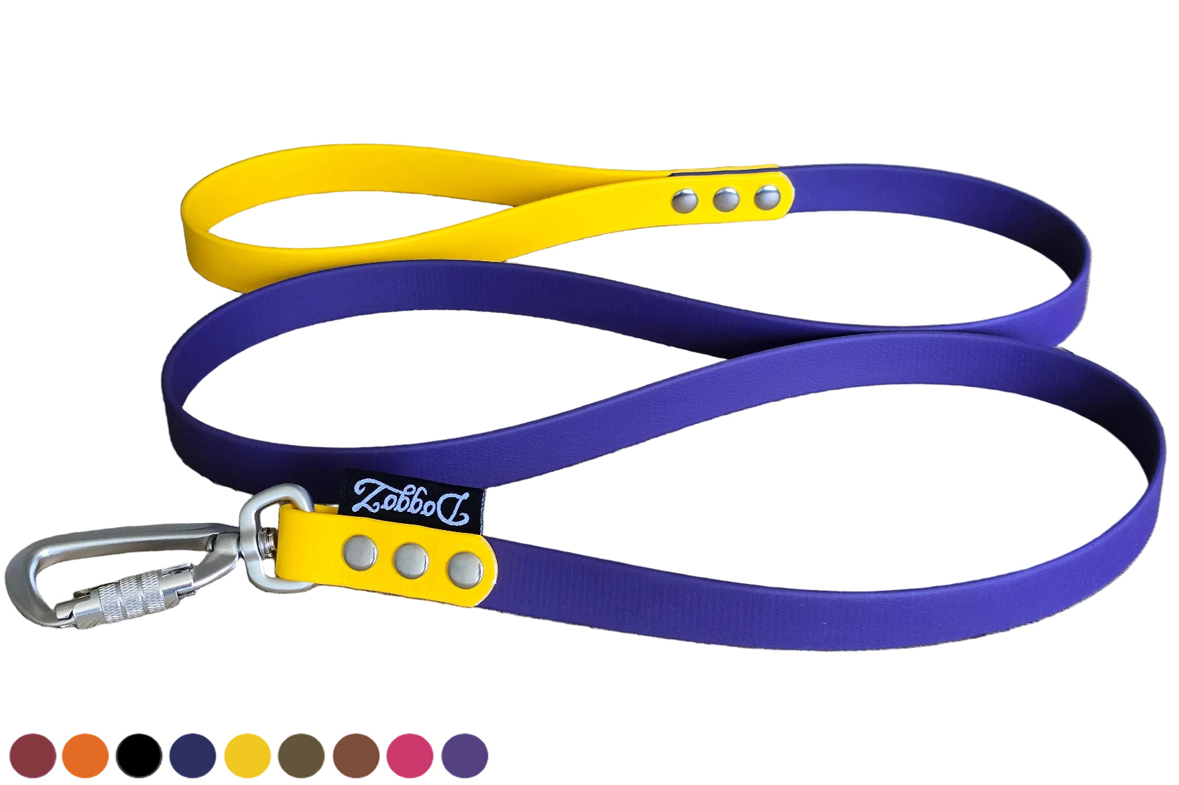 Tweekleurige BioThane hondenlijn en hondenriem in Yellow Sunflower geel en purple violet paars met zilveren karabijnhaak met twist lock en auto lock functie.