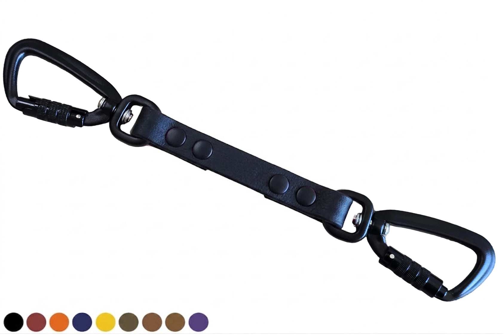 Zwarte BioThane veiligheidslijn safety strap voor honden met twee zwarte twist-lock karabijnhaken.