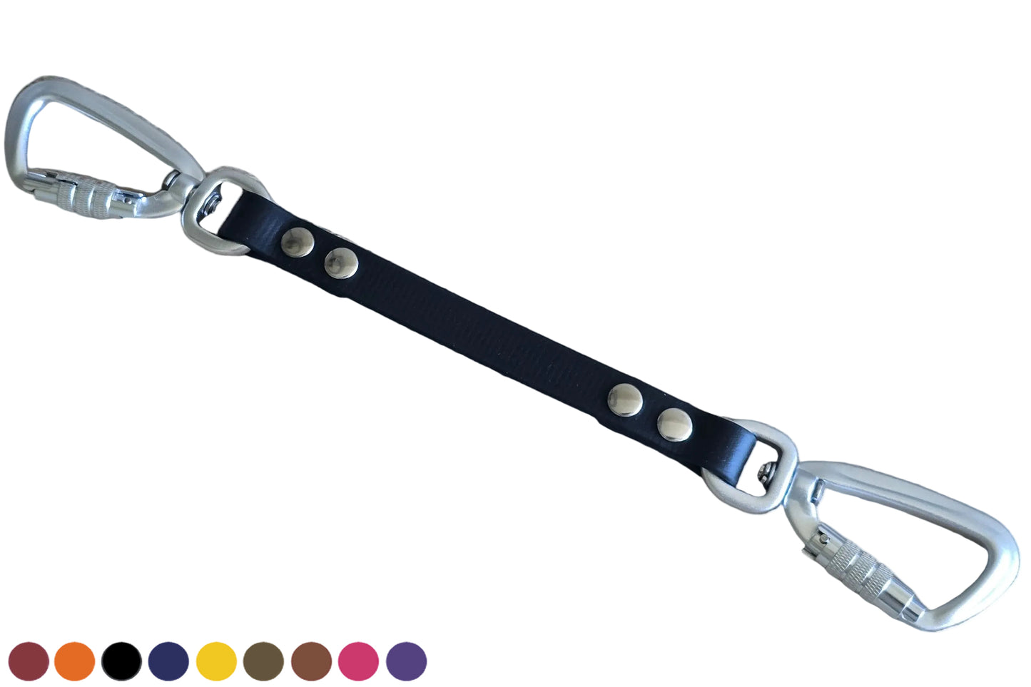 Zwarte BioThane veiligheidslijn safety strap voor honden met twee zilveren twist-lock karabijnhaken.