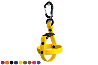 DoggoZ Ball Holder in Sunflower Yellow BioThane, featuring a black quick-release buckle and tactical hanging carabiner. Showing a choice of multiple colors: wine red, orange, black, navy blue, sunflower yellow, olive green, brown, magenta pink, purple.