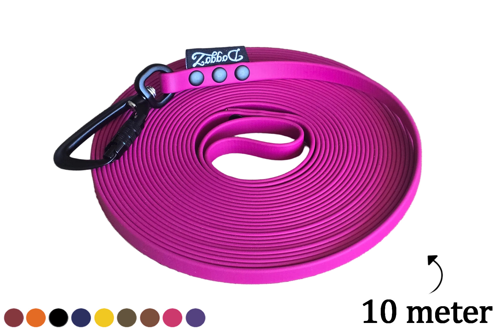 A neatly rolled up 10 meter DoggoZ BioThane long leash tracking leash in pink magenta, featuring a black auto-lock carabiner, the DoggoZ logo, and a color palette at the bottom.