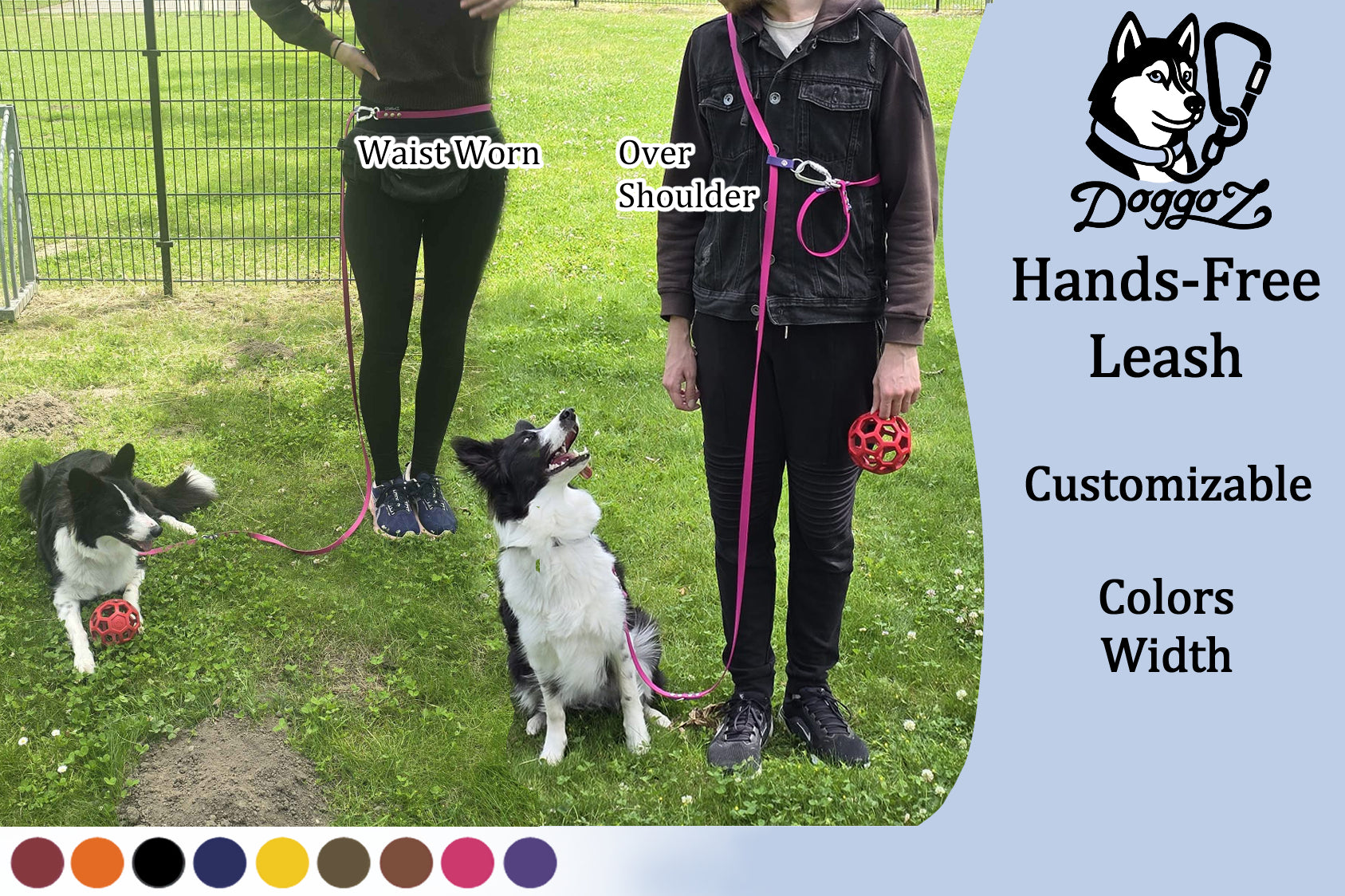 Infographic for DoggoZ Hands-Free Leash showing customizable colors and width. Two models in a park demonstrate the "Waist Worn" setup and the "Over Shoulder" cross-body style with pink BioThane dog leashes and two Border Collies