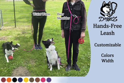 Infographic for DoggoZ Hands-Free Leash showing customizable colors and width. Two models in a park demonstrate the "Waist Worn" setup and the "Over Shoulder" cross-body style with pink BioThane dog leashes and two Border Collies