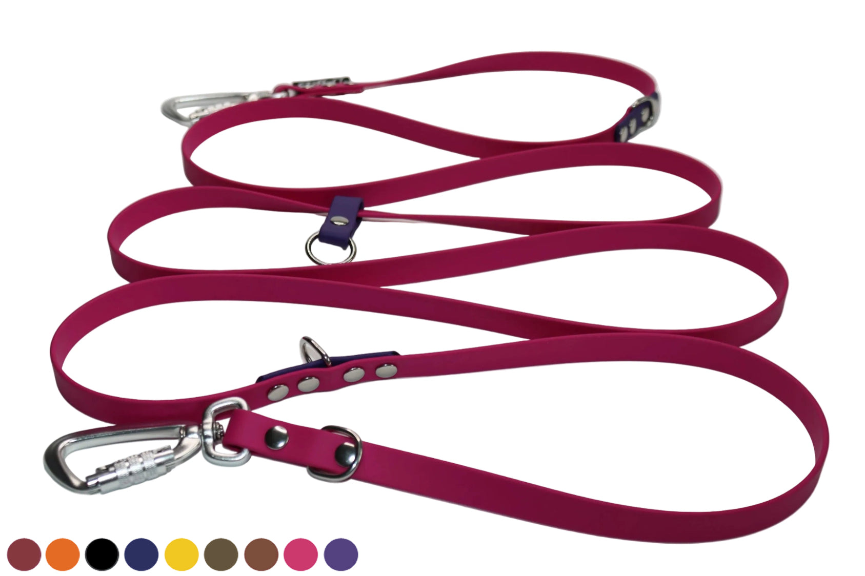 DoggoZ Multi-Way Convertible / Adjustable Leash in pink BioThane with purple accents and silver auto-lock carabiners, featuring a 3-meter length and a row of customizable color swatches.