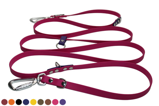 DoggoZ Multi-Way Convertible / Adjustable Leash in pink BioThane with purple accents and silver auto-lock carabiners, featuring a 3-meter length and a row of customizable color swatches.