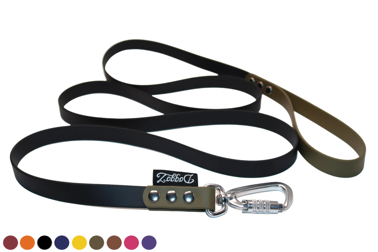 DoggoZ SAFE BioThane Dog Leash in a two-tone black and olive green design. Features a silver auto-locking carabiner, silver rivets, and a row of available color swatches for custom length orders.