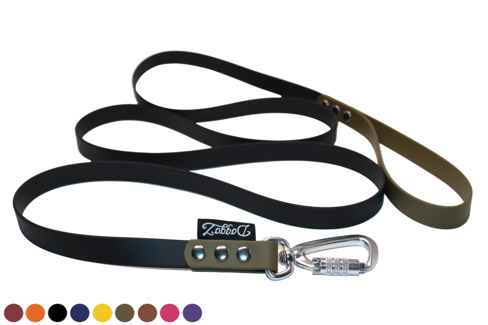 DoggoZ SAFE BioThane Dog Leash in a two-tone black and olive green design. Features a silver auto-locking carabiner, silver rivets, and a row of available color swatches for custom length orders.