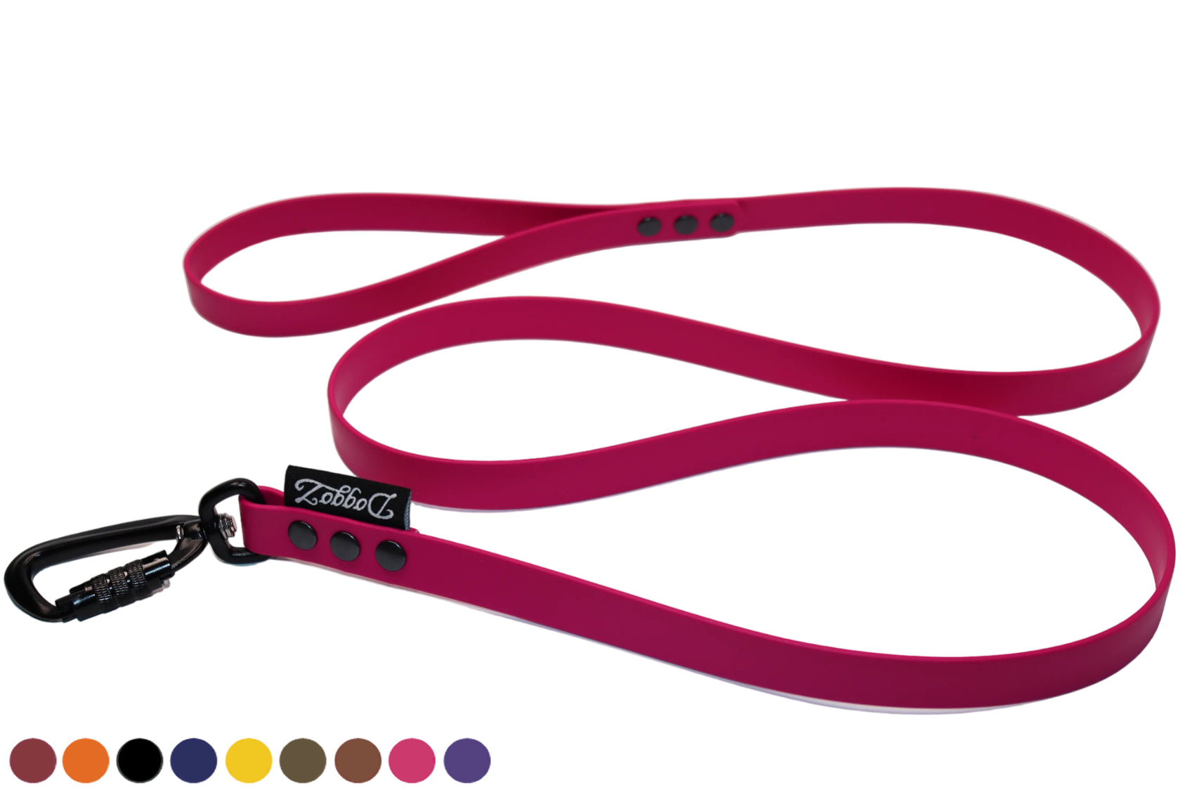DoggoZ SAFE BioThane Dog Leash shown in a multi-color wrap, featuring a secure black carabiner and a black brand logo. Available in custom lengths from 1.5m to 10m.