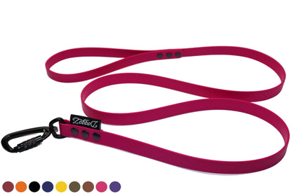 DoggoZ SAFE BioThane Dog Leash shown in a multi-color wrap, featuring a secure black carabiner and a black brand logo. Available in custom lengths from 1.5m to 10m.