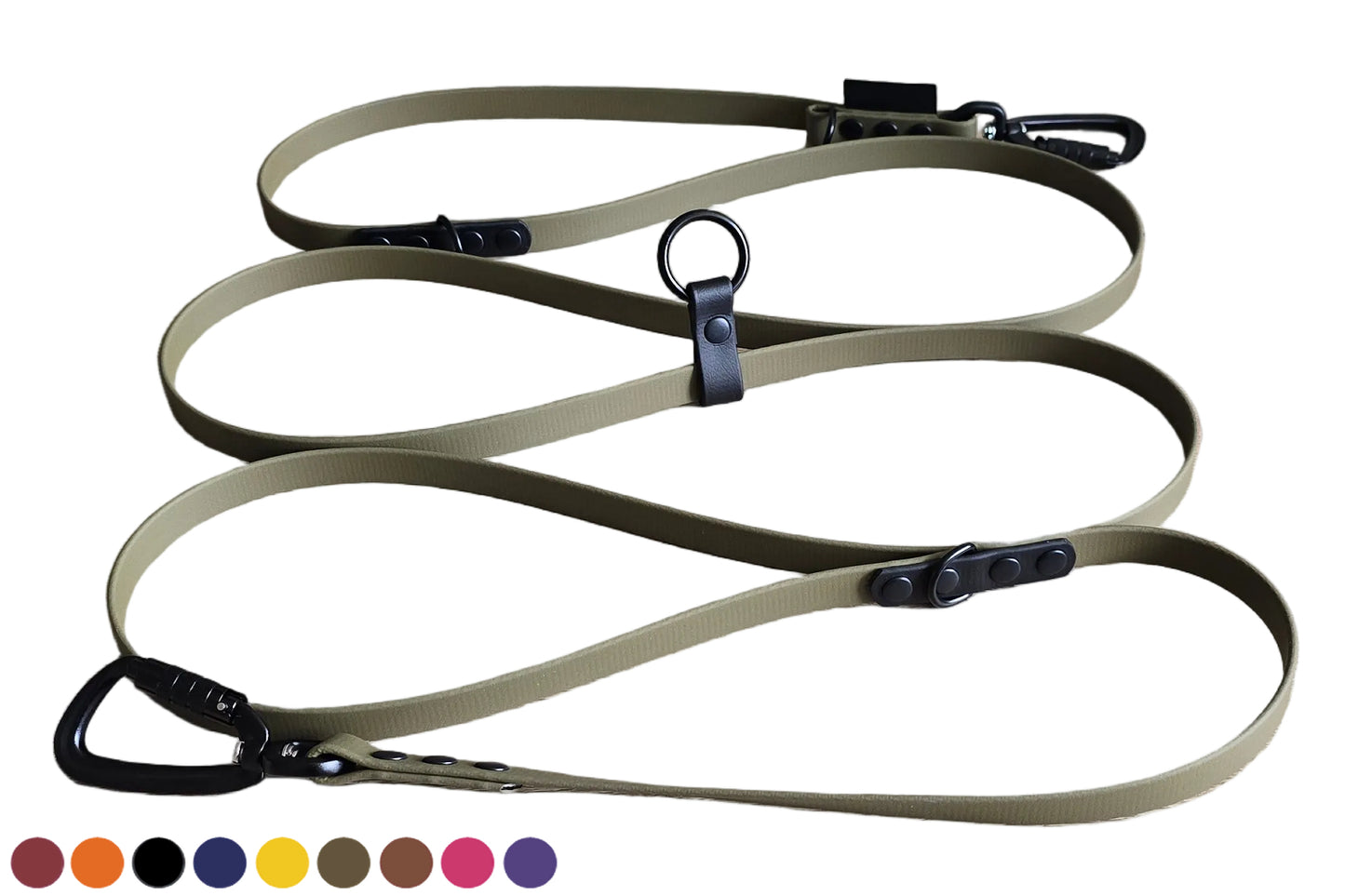 A detailed photograph of a Doggoz hands-free BioThane dog leash in green olive color, features black accents for the ringslipset and  D-rings and O-ring, and uses black carabiners. The durable, coiling leash is displayed on a clean white background. and a row of customizable color swatches.