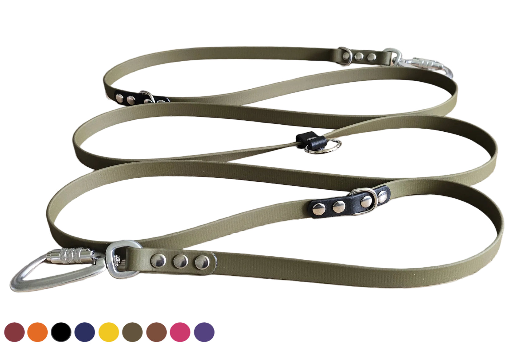 Multifunctional hands-free adjustable dog leash by DoggoZ, crafted from premium BioThane with durable stainless steel rivets and secure auto-lock carabiners, shown in olive green and a row of customizable color swatches. 