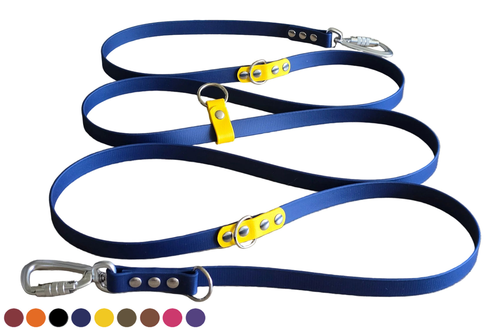 Handsfree verstelbare BioThane hondenlijn en hondenriem 3m in Night Sky donkerblauw en geel met zilveren karabijnhaken.