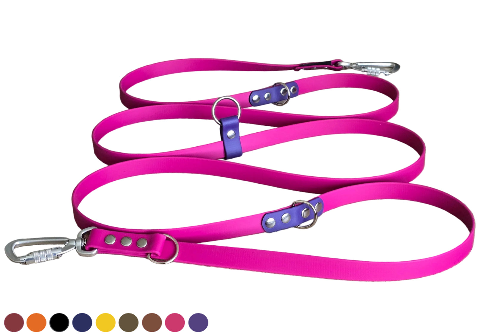 Handsfree verstelbare BioThane hondenlijn en hondenriem 3m in roze magenta en violet paars met zilveren karabijnhaak.