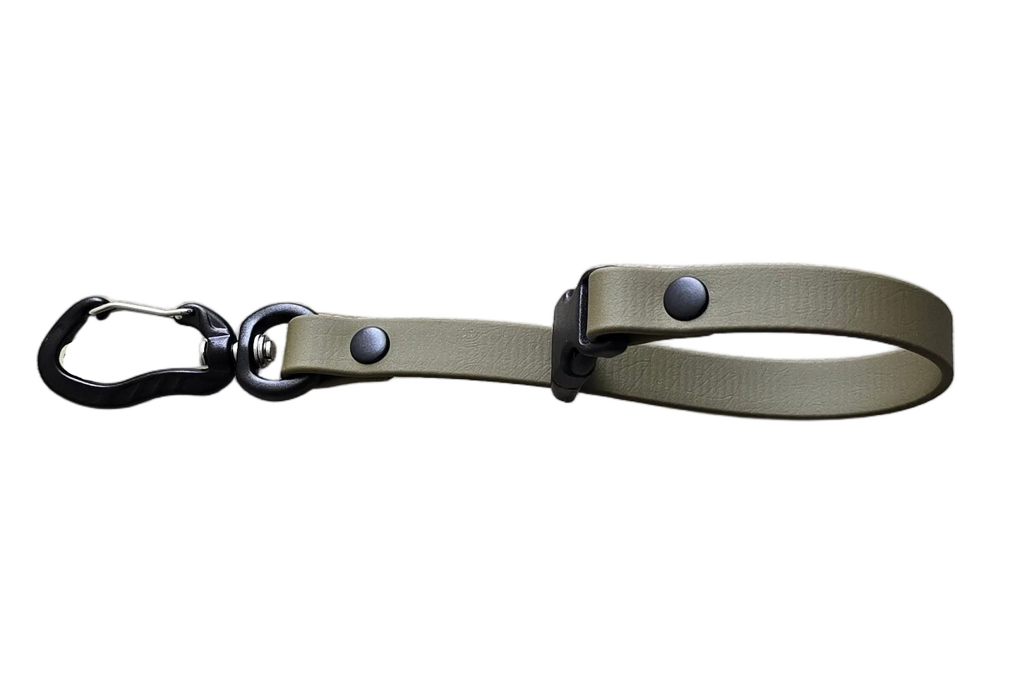 A DoggoZ leash keeper made from olive green BioThane, designed to organize long lines or leashes, featuring a black carabiner and secure fastener, displayed on a white background.