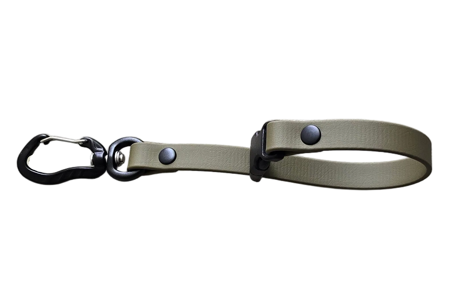 A DoggoZ leash keeper made from olive green BioThane, designed to organize long lines or leashes, featuring a black carabiner and secure fastener, displayed on a white background.