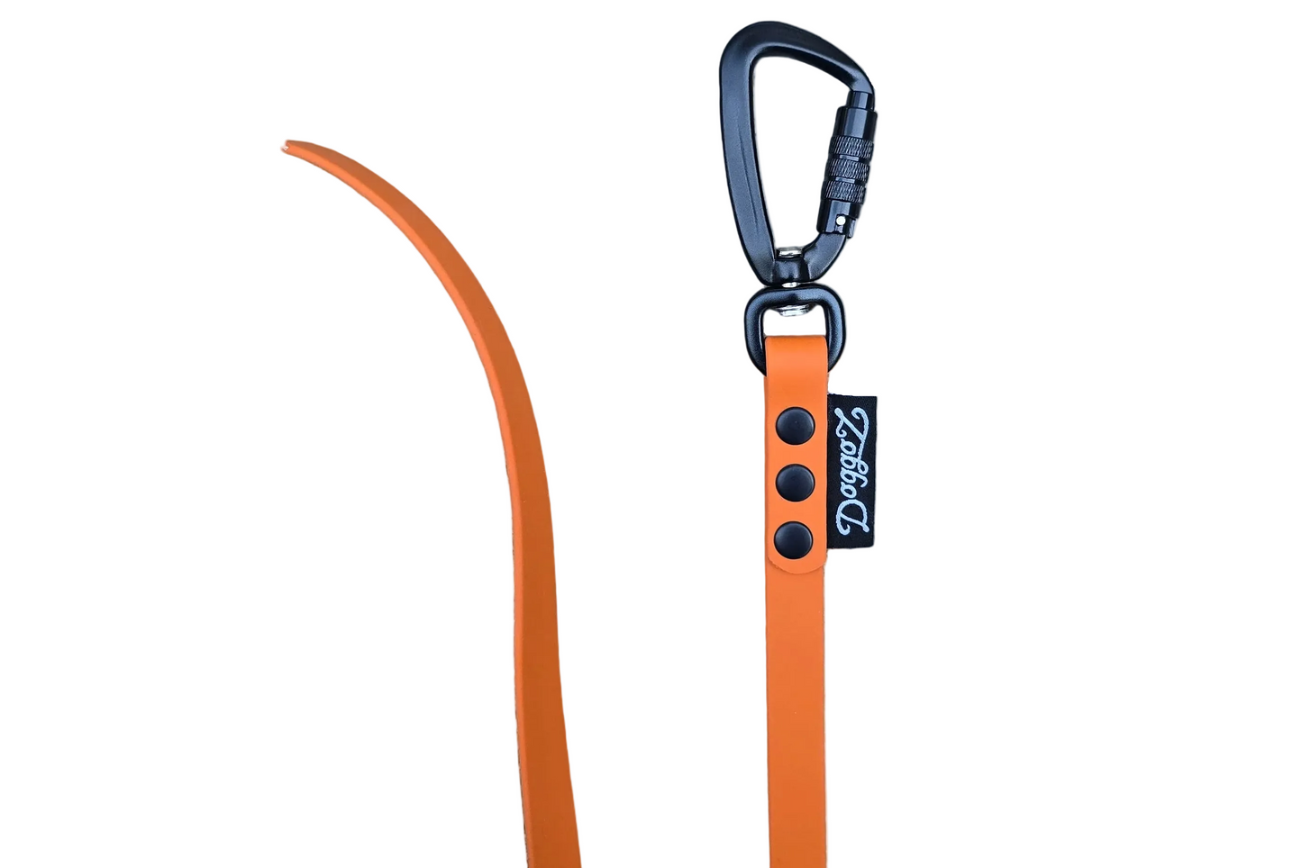 A professional close-up of the DoggoZ orange BioThane handleless drag line. The photo highlights the premium finish with black hardware, including heavy-duty rivets and a secure locking carabiner, alongside a black DoggoZ brand tag. This leash is designed for snag-resistant hiking and reliable off-leash training.