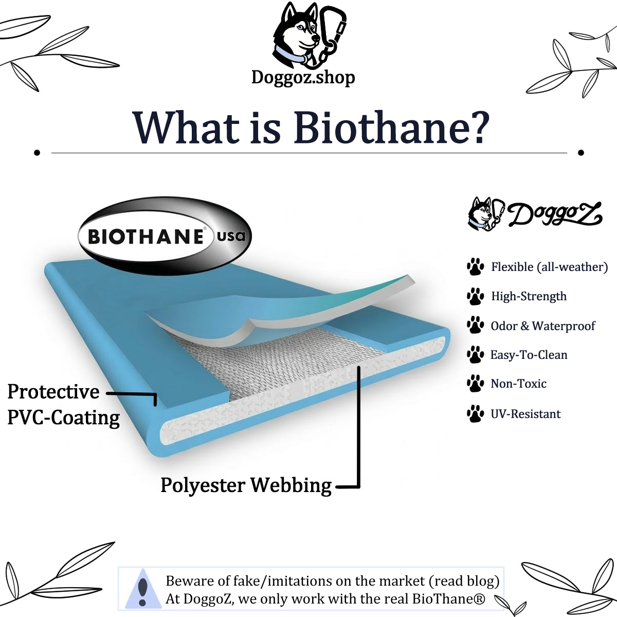 An educational infographic from DoggoZ.shop titled "What is BioThane?" featuring a 3D cross-section diagram of blue BioThane material. It shows the internal polyester webbing and the external protective PVC coating. The graphic lists key benefits: flexible (all-weather), high-strength, odor & waterproof, easy-to-clean, non-toxic, and UV-resistant. A warning at the bottom notes that DoggoZ only uses genuine BioThane® to avoid fakes and imitations.